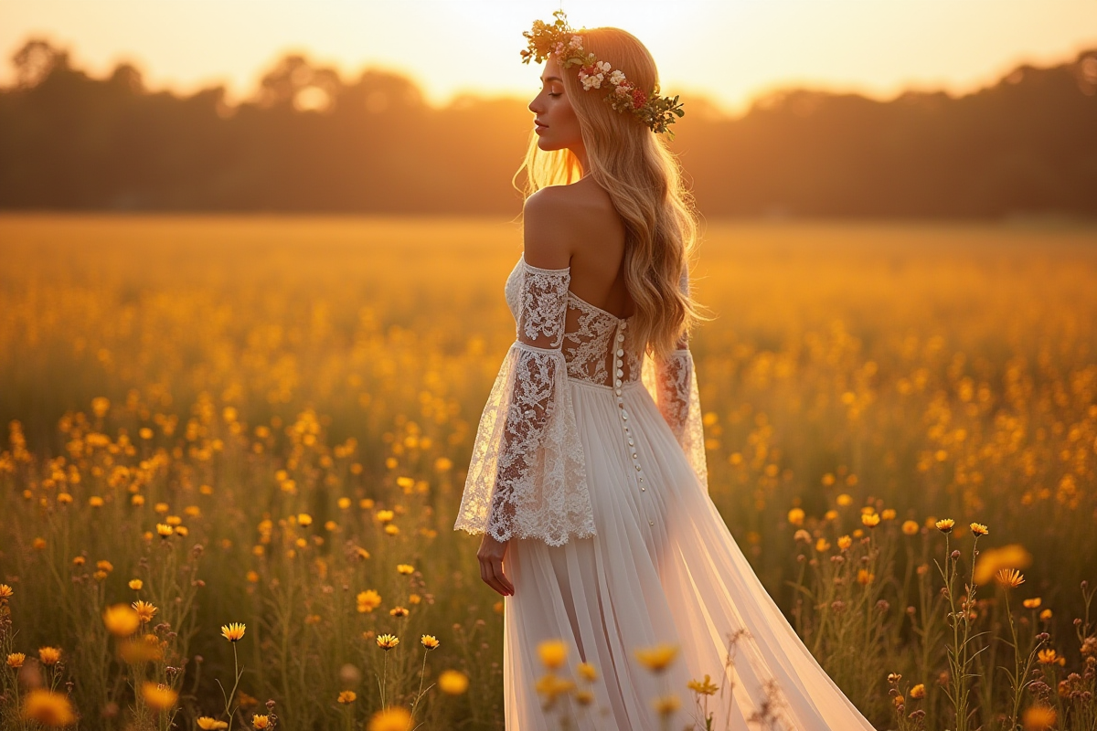 Robe de mariée bohème dos nu : sensualité et élégance naturelle